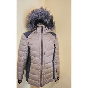 Black Mountain Cream Grey Quilted Puffer Ski Snowboard Jacket Hood Fur‎ L G